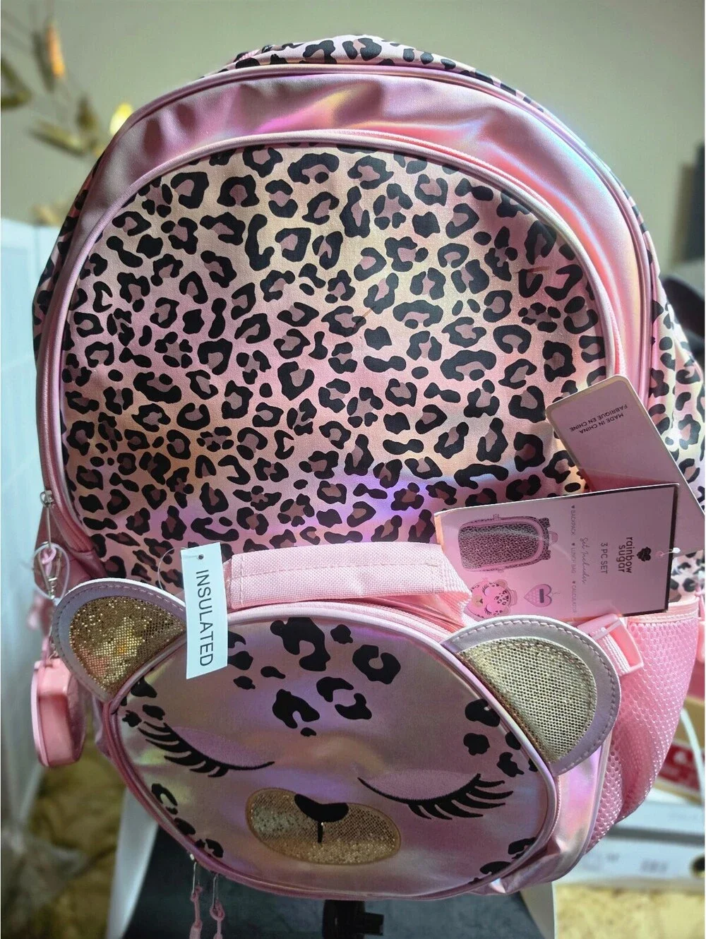 NEW Rainbow Sugar 3 PC Set Kids Backpack, Lunch Bag & Calculator - Pink Leopard
